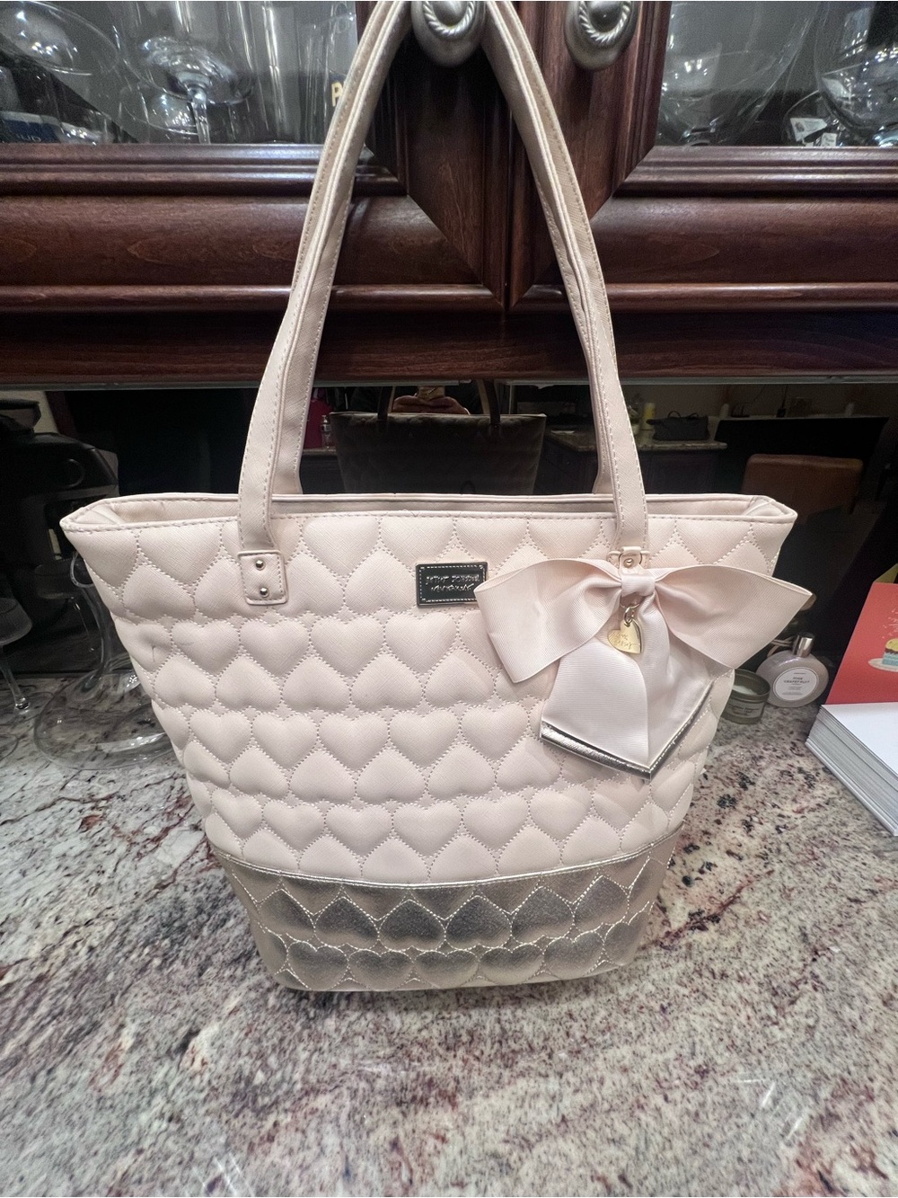 Betsey Johnson Blush Quilted Heart Tote with Metallic Accent and Bow Charm